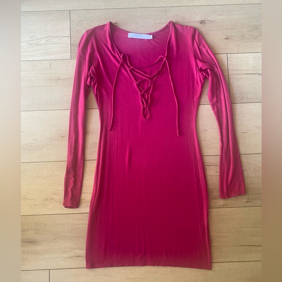 Red Dress Red Lace-Up Long Sleeve Dress - Size Medium ❤️ - Picture 1 of 8
